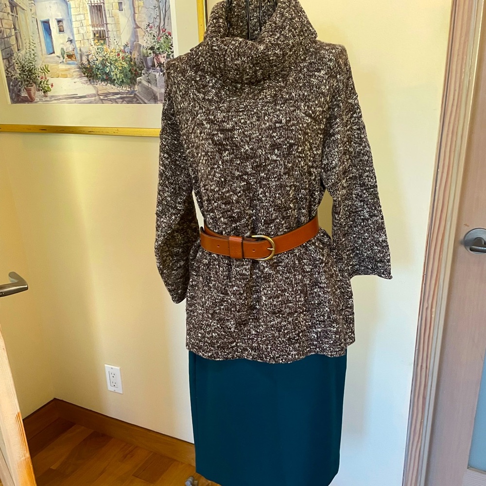 Lovely cowl neck brown and white tweed sweater